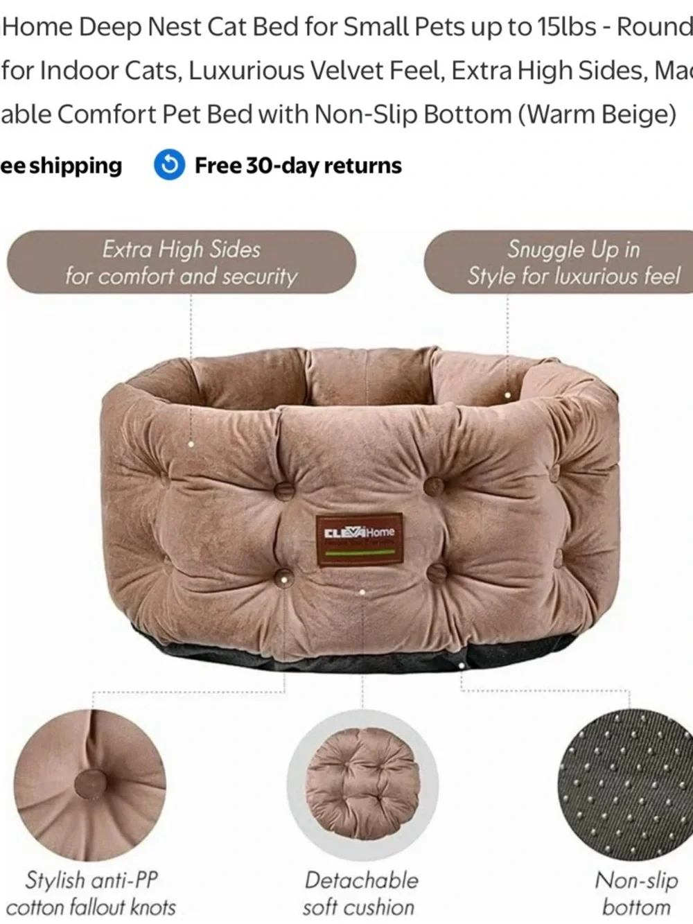 🟤 ClevaHome Beige Plush Cat Bed - Cozy Round Pet Nest